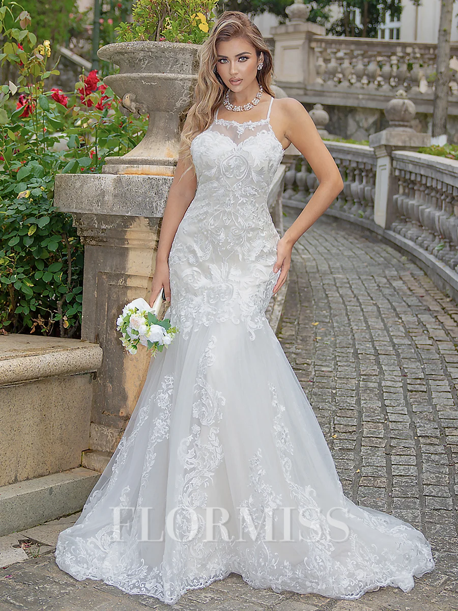 Trumpet/Mermaid Lace Spaghetti Straps Sleeveless Sweep Train Wedding Dress
