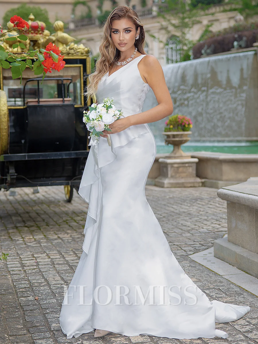 Sheath/Column Satin V-neck Sleeveless Sweep Train Wedding Dress