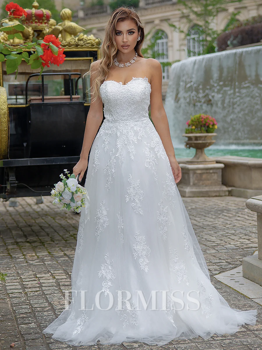 A-line/Princess Lace Off-the-Shoulder Sleeveless Sweep Train Wedding Dress