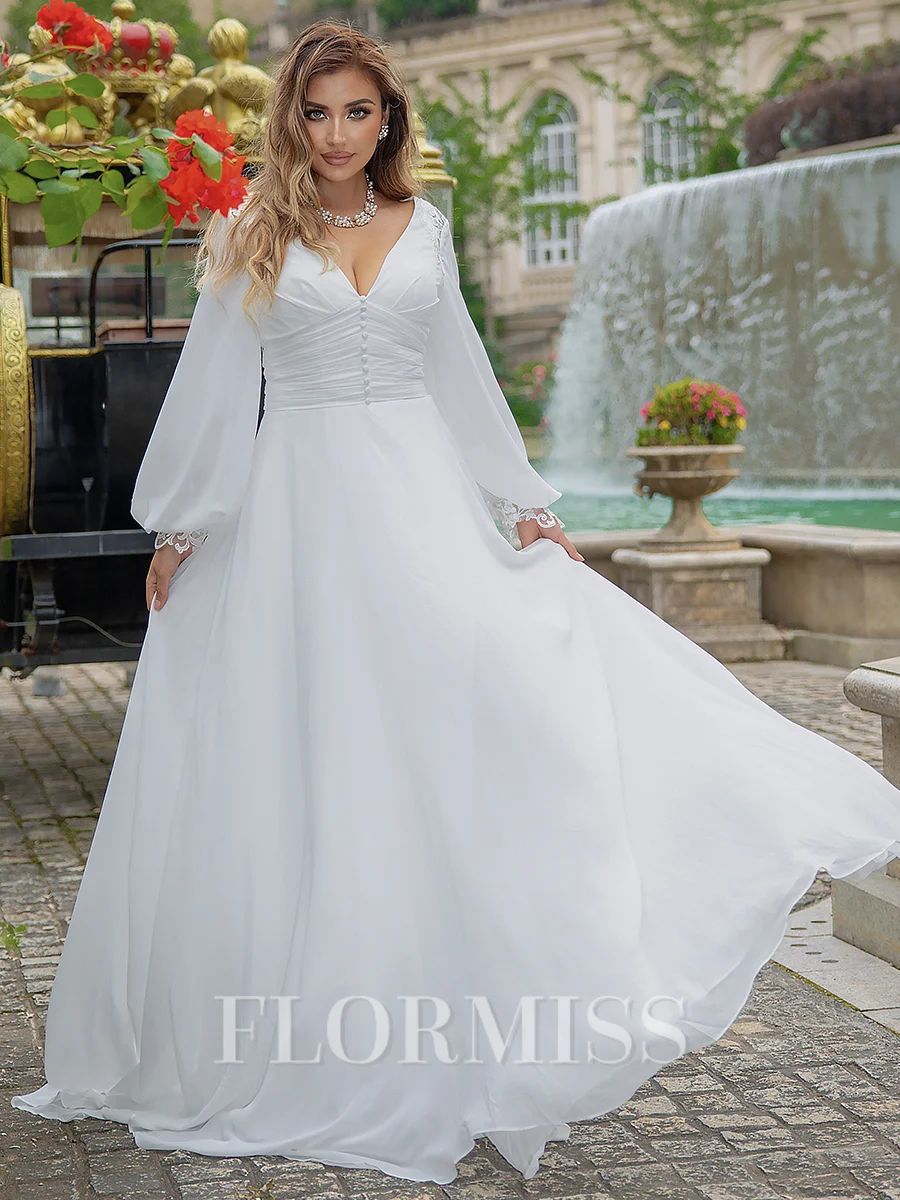 A-line/Princess Chiffon V-neck Long Sleeves Sweep Train Wedding Dress