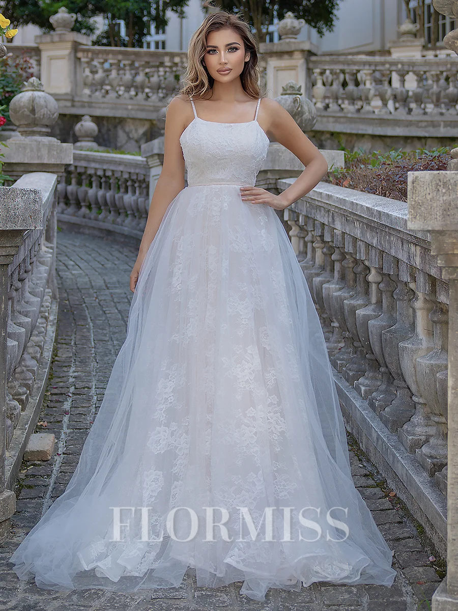 A-line/Princess Lace Spaghetti Straps Sleeveless Sweep Train Wedding Dress