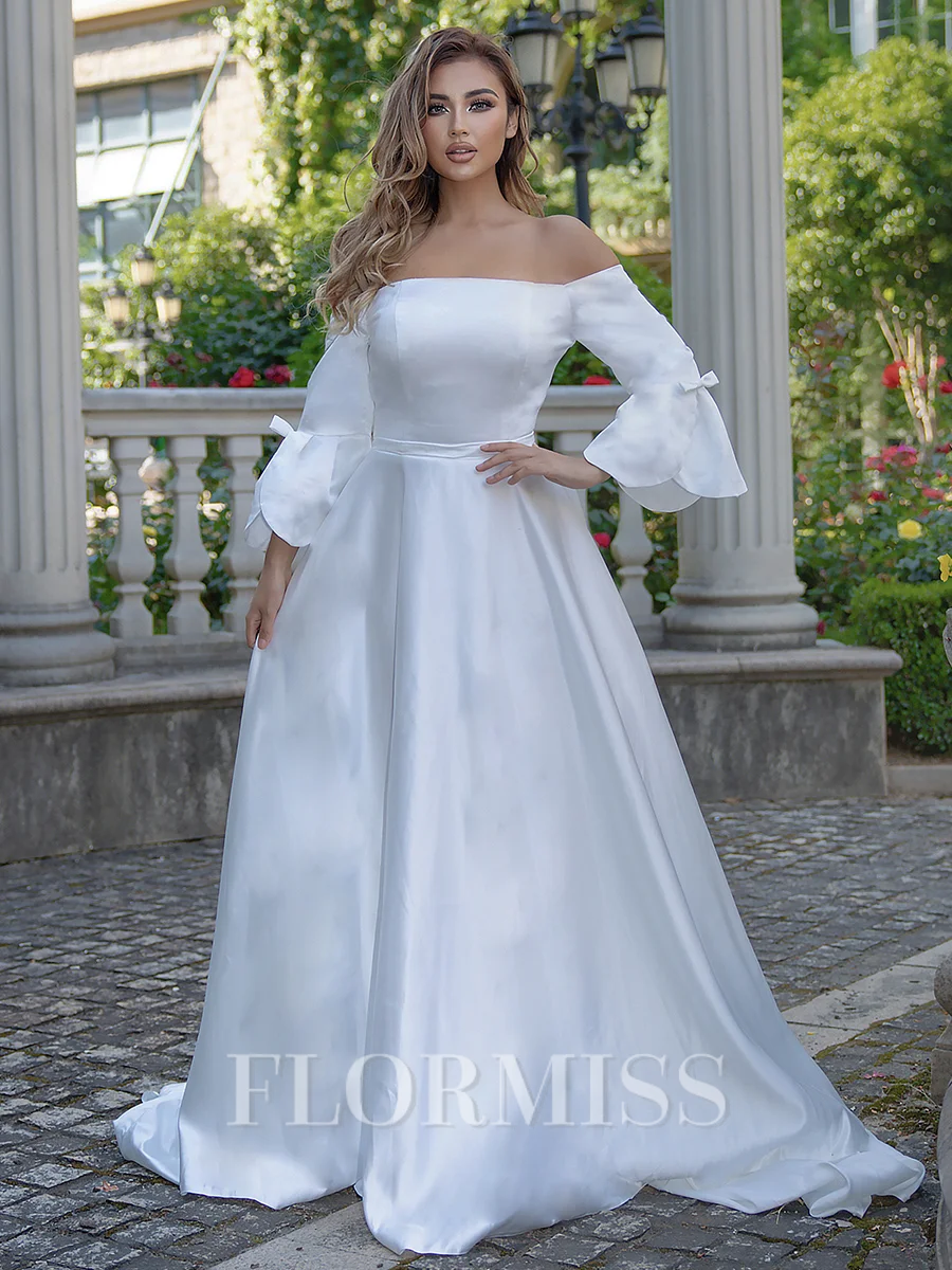 A-line/Princess Charmeuse Off-the-Shoulder 3/4 Sleeves Sweep Train Wedding Dress