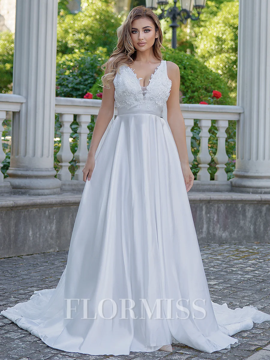 A-line/Princess Satin V-neck Sleeveless Sweep Train Wedding Dress