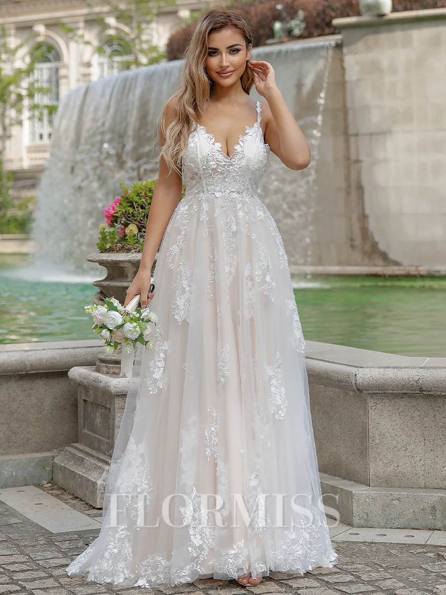 A-line/Princess Lace V-neck Sleeveless Sweep Train Wedding Dress
