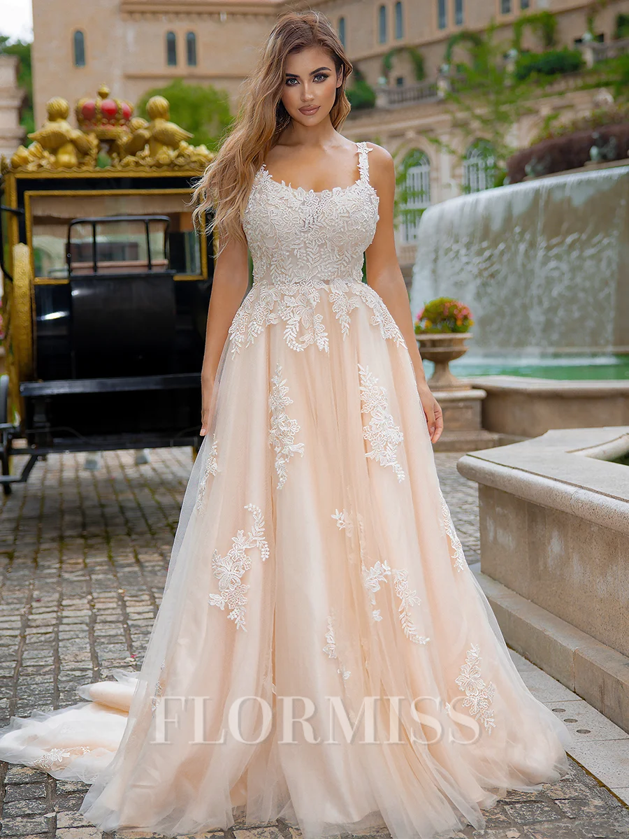 A-line/Princess Tulle Straps Sleeveless Court Train Wedding Dress