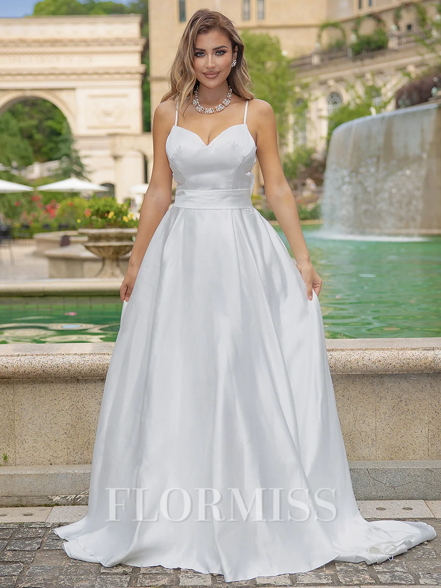 A-line/Princess Satin V-neck Sleeveless Sweep Train Wedding Dress