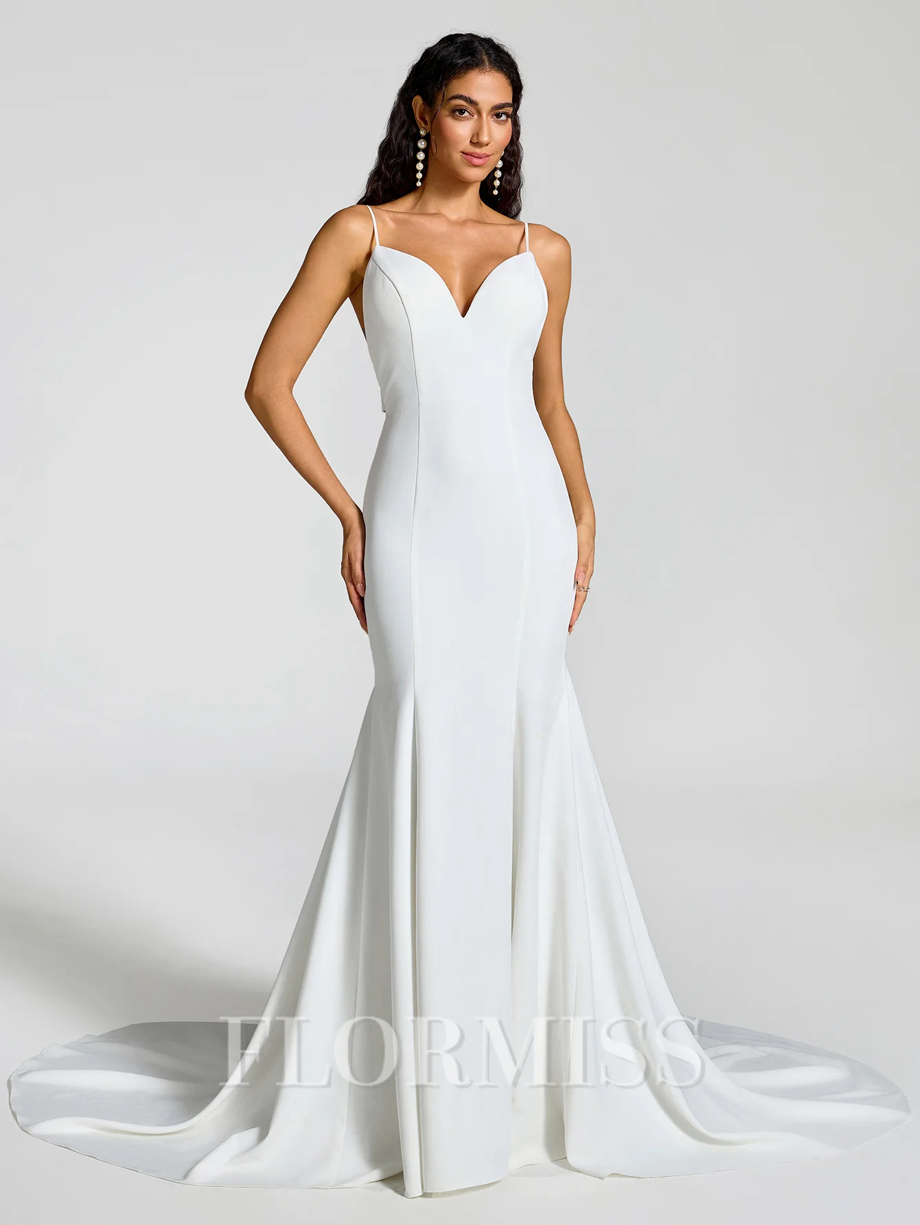 Sheath V-neck Bow Chapel Train Stretch Crepe Wedding Dress