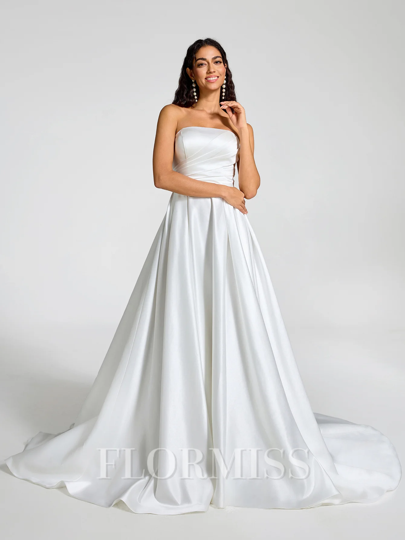 A-line Straight Pleated Chapel Train Satin Wedding Dress
