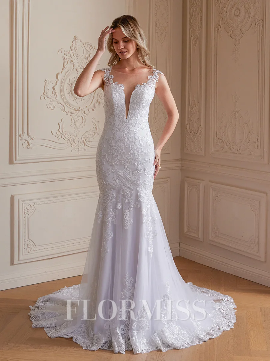 Trumpet/Mermaid Tulle Lace Scoop Sleeveless Court Train Wedding Dresses
