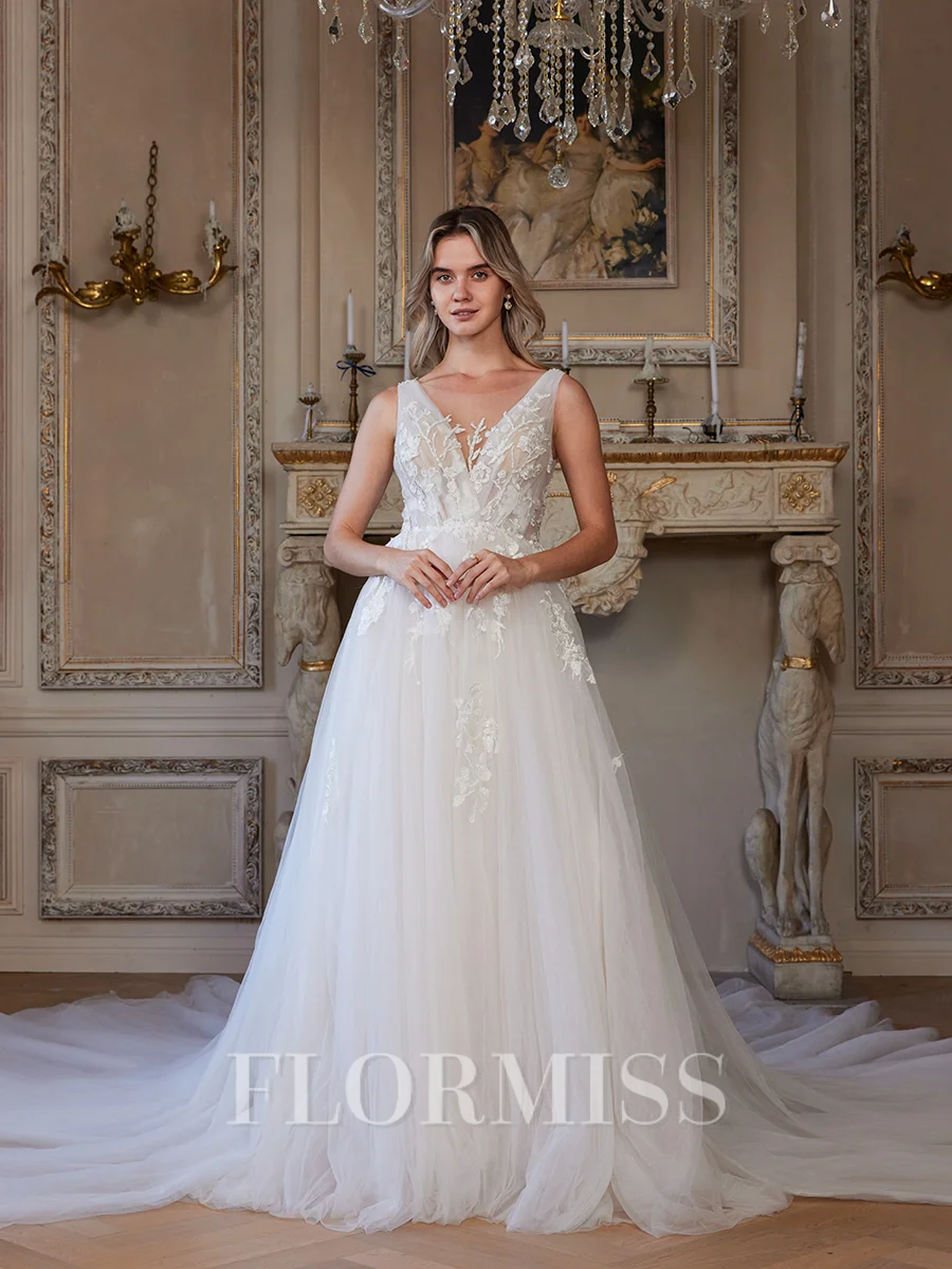 A-Line/Princess Tulle Applique V-neck Sleeveless Cathedral Train Wedding Dresses