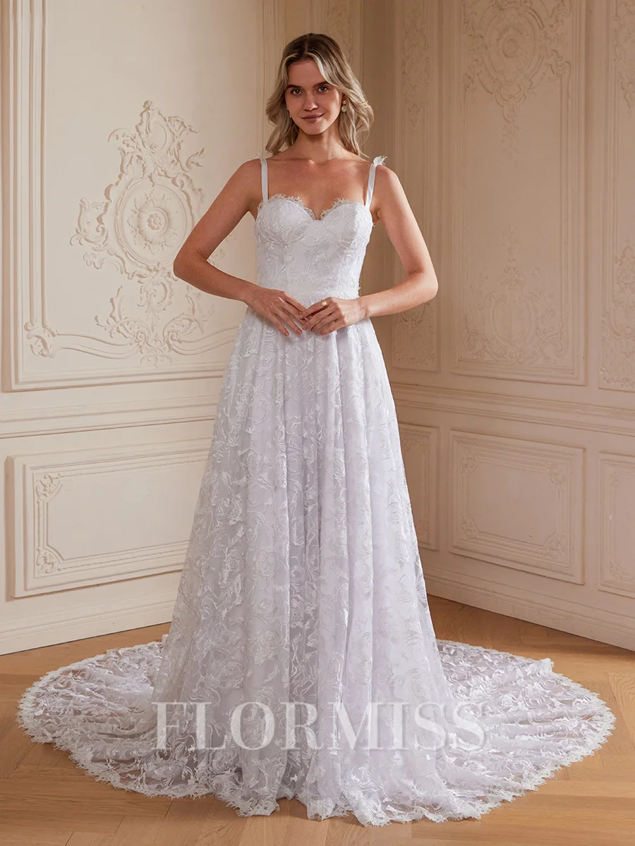 A-Line/Princess Lace Spaghetti Straps Sleeveless Chapel Train Wedding Dresses