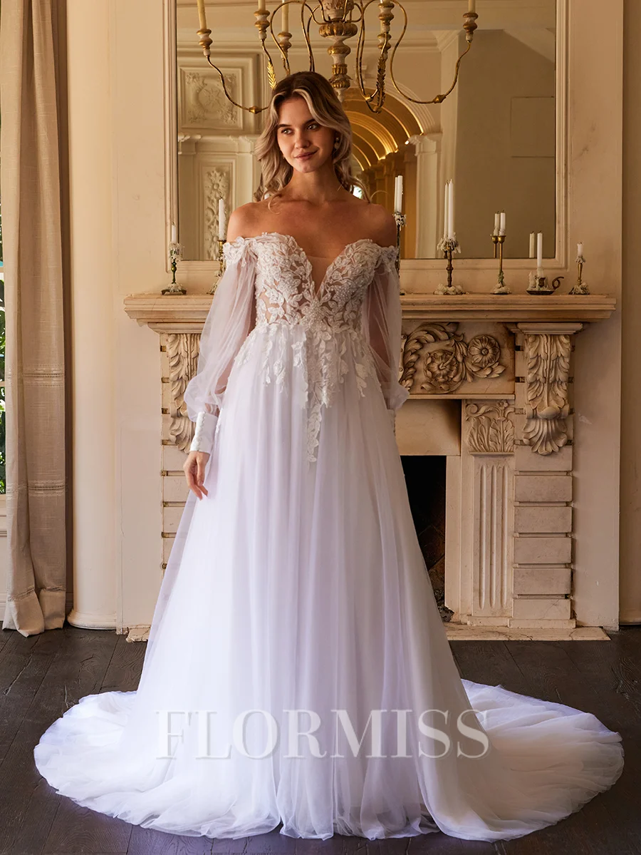 A-Line/Princess Tulle Applique Off-the-Shoulder Long Sleeves Chapel Train Wedding Dresses