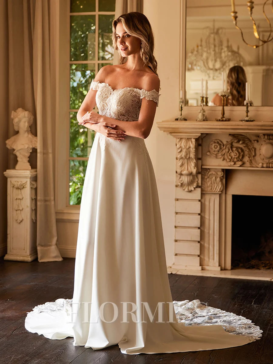 A-Line/Princess Stretch Crepe Lace Off-the-Shoulder Short Sleeves Court Train Wedding Dresses