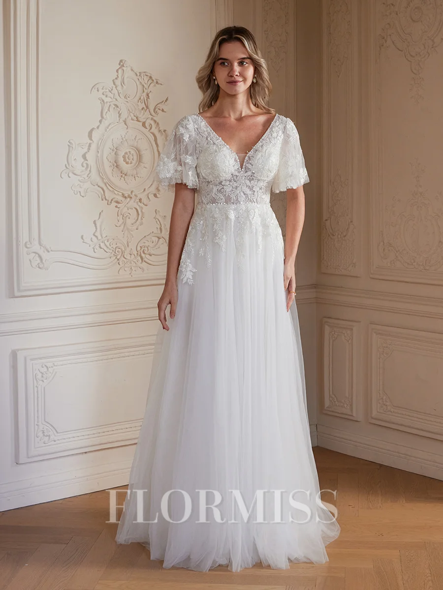 A-Line/Princess Tulle Lace V-neck Short Sleeves Floor-Length Wedding Dresses