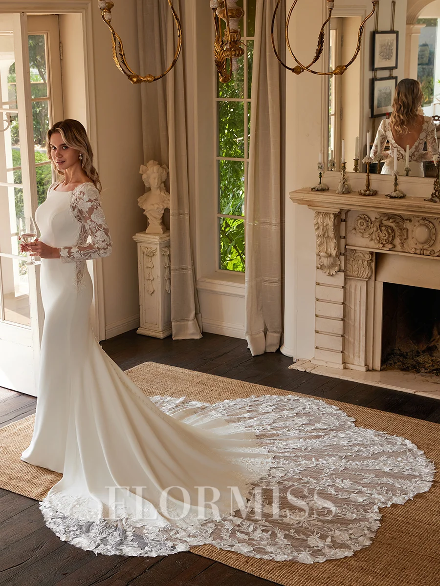 Sheath/Column Stretch Crepe Lace Scoop Long Sleeves Cathedral Train Wedding Dresses