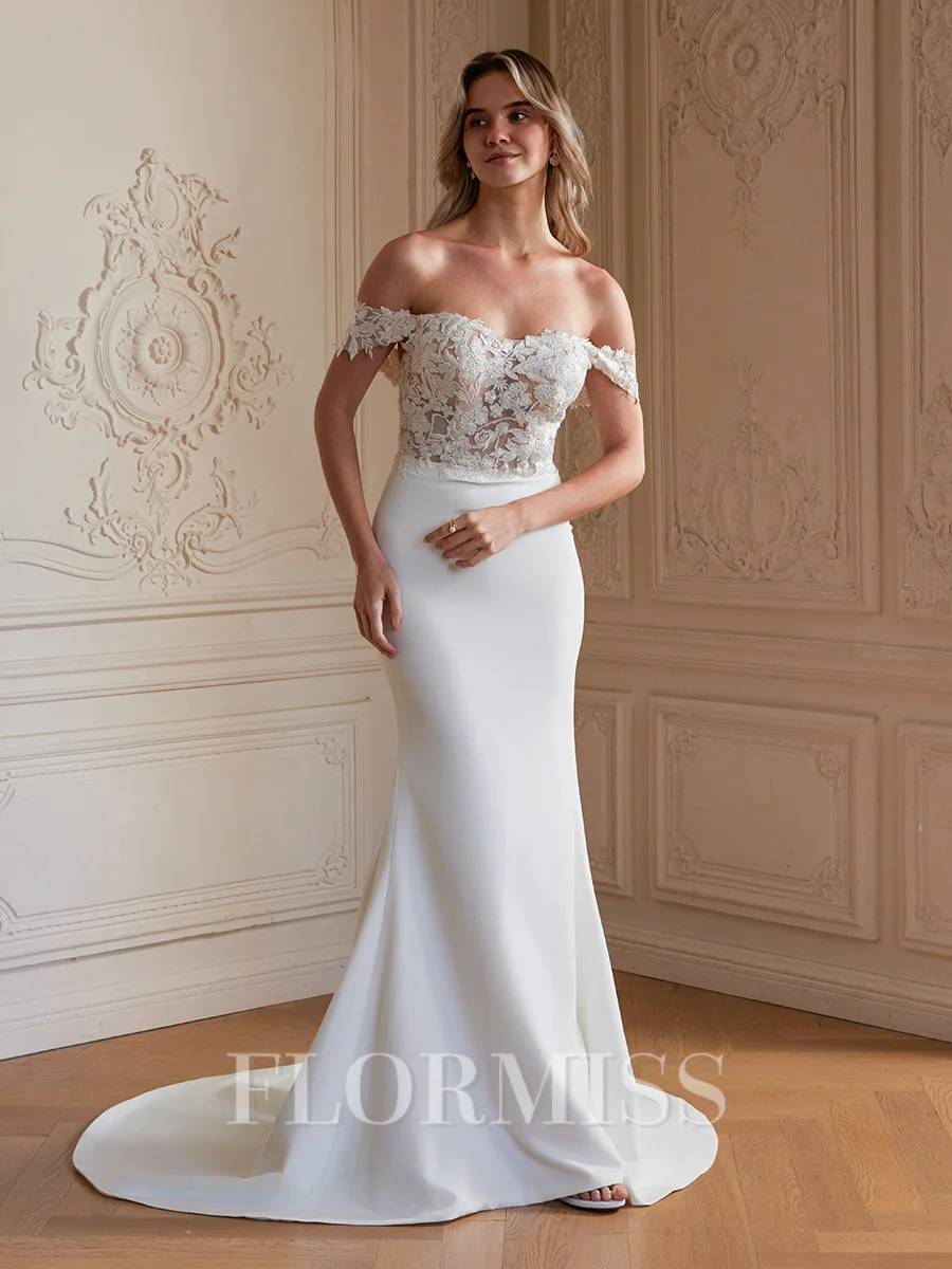 Sheath/Column Stretch Crepe Lace Off-the-Shoulder Sleeveless Court Train Wedding Dresses