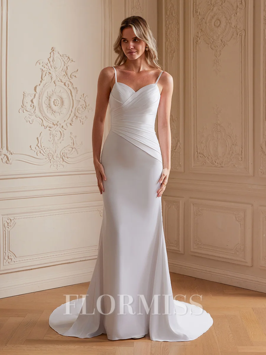 Sheath/Column Charmeuse Ruched V-neck Sleeveless Court Train Wedding Dresses