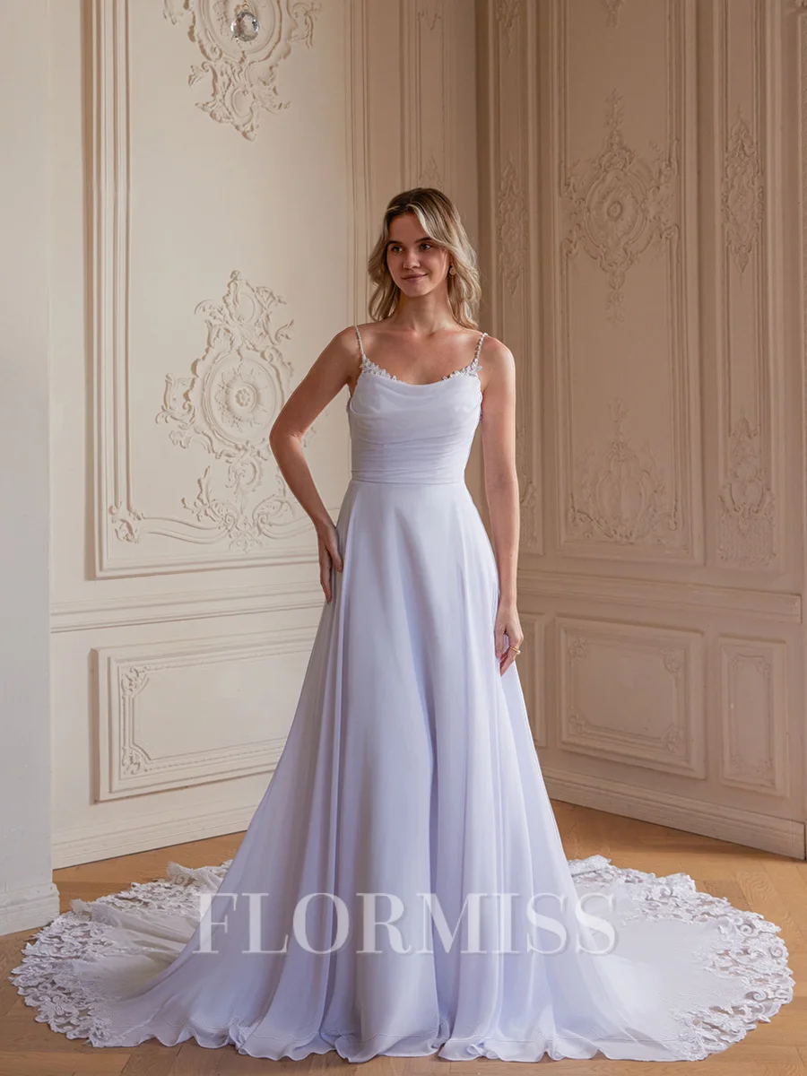 A-Line/Princess Chiffon Lace Spaghetti Straps Sleeveless Chapel Train Wedding Dresses