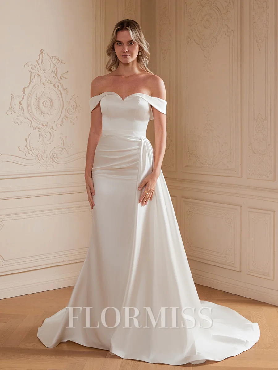 Sheath/Column Charmeuse Ruched Off-the-Shoulder Sleeveless Court Train Wedding Dresses