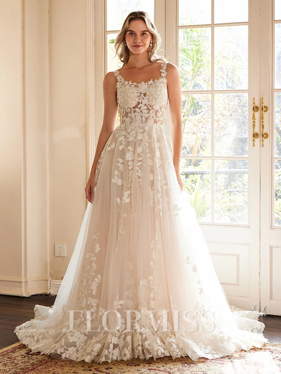 A-Line/Princess Tulle Applique Straps Sleeveless Court Train Wedding Dresses