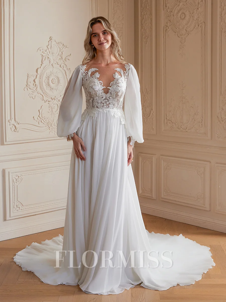 A-Line/Princess Chiffon Applique Scoop Long Sleeves Chapel Train Wedding Dresses