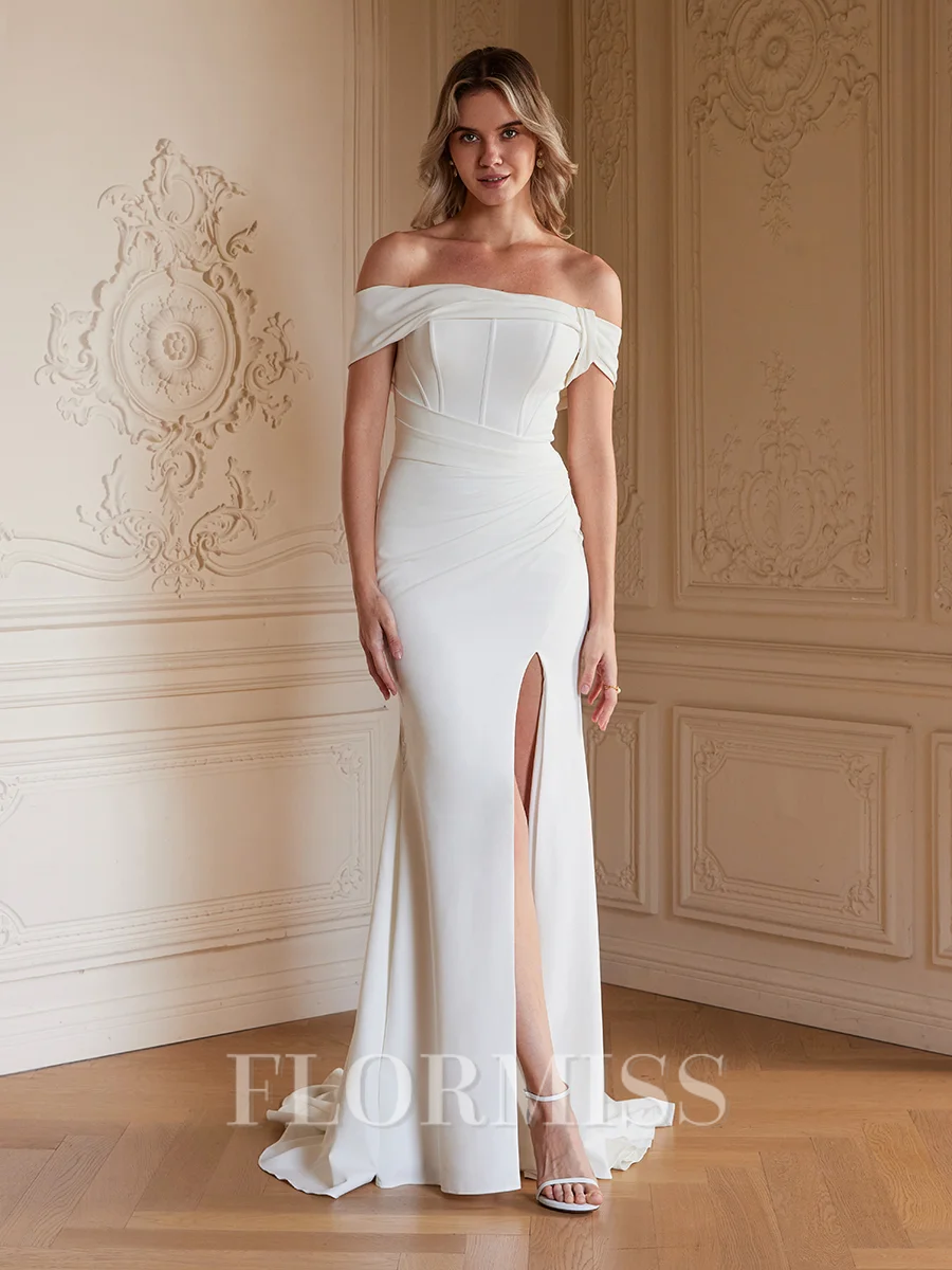 Sheath/Column Stretch Crepe Ruched Off-the-Shoulder Sleeveless Sweep/Brush Train Wedding Dresses