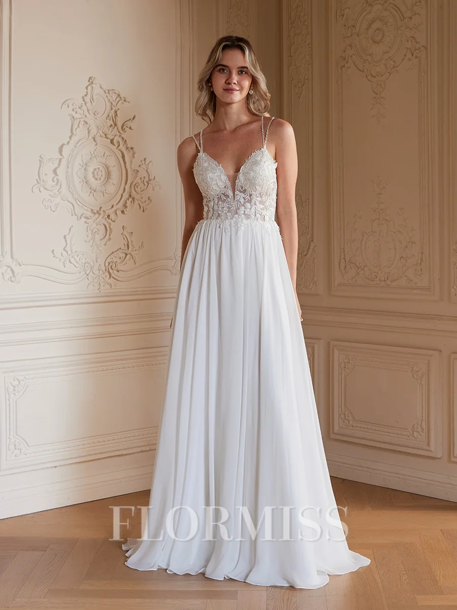 A-Line/Princess Chiffon Lace V-neck Sleeveless Sweep/Brush Train Wedding Dresses