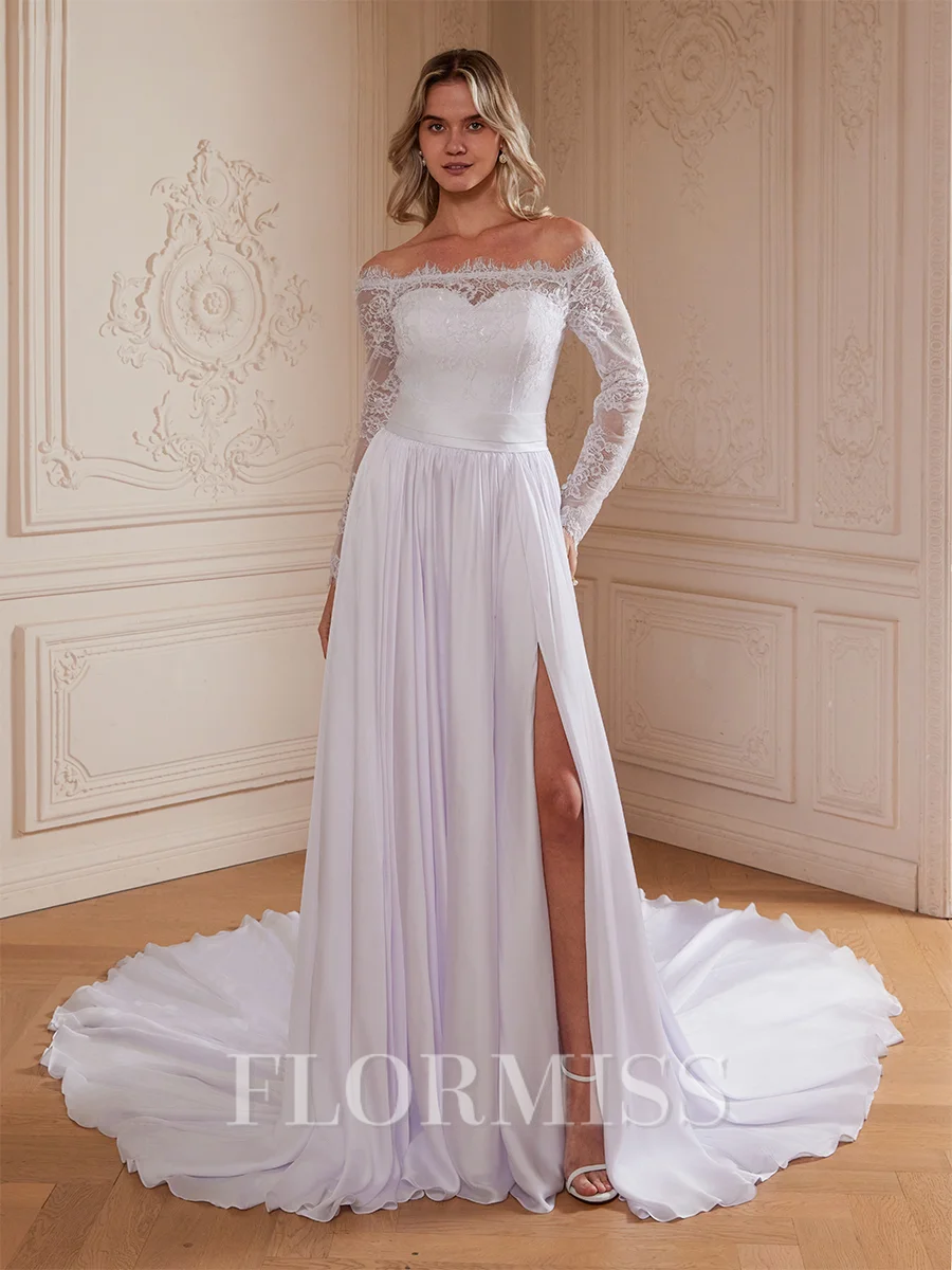 A-Line/Princess Satin Chiffon Lace Off-the-Shoulder Long Sleeves Cathedral Train Wedding Dresses