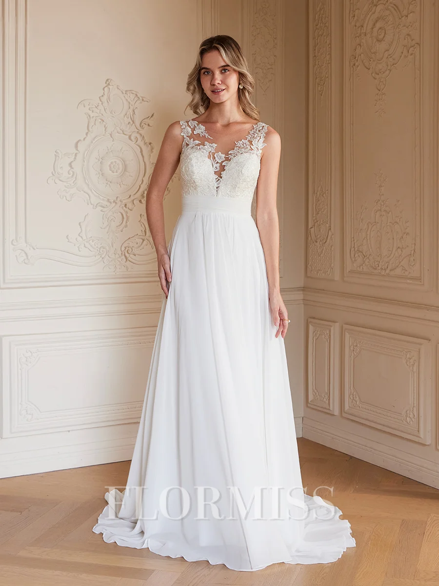 A-Line/Princess Chiffon Lace Scoop Sleeveless Sweep/Brush Train Wedding Dresses
