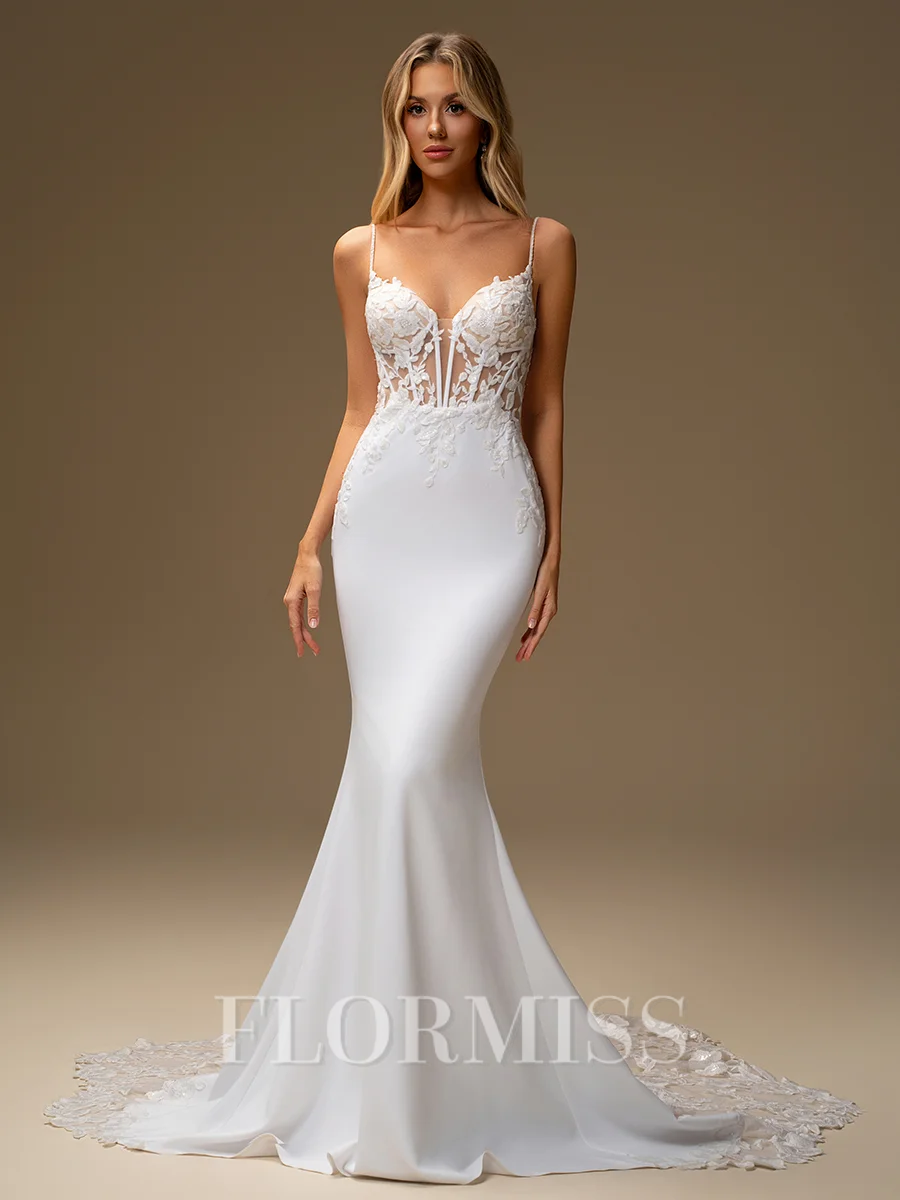 Sheath V-neck Appliques Lace Cathedral Train Stretch Crepe Corset Wedding Dress