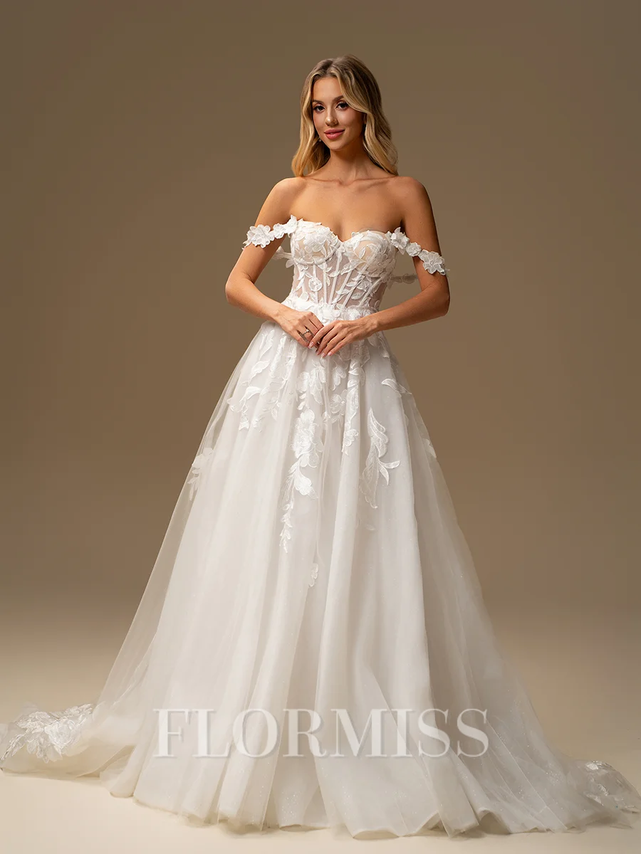 A-line Sweetheart Appliques Lace Chapel Train Tulle Corset Wedding Dress