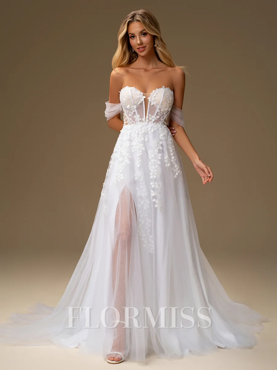 A-line Off-the-Shoulder Appliques Lace Chapel Train Tulle Corset Wedding Dress