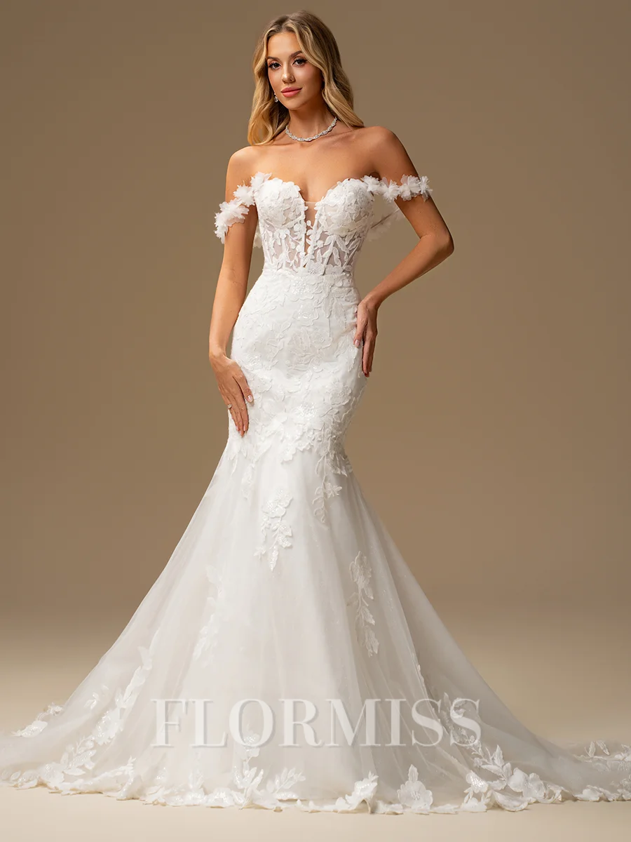 Mermaid Off-the-Shoulder Appliques Lace Cathedral Train Tulle Corset Wedding Dress