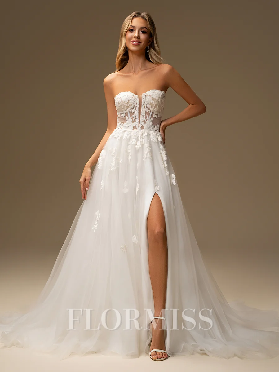 A-line Sweetheart Long Sleeves Appliques Lace Chapel Train Tulle Corset Wedding Dress