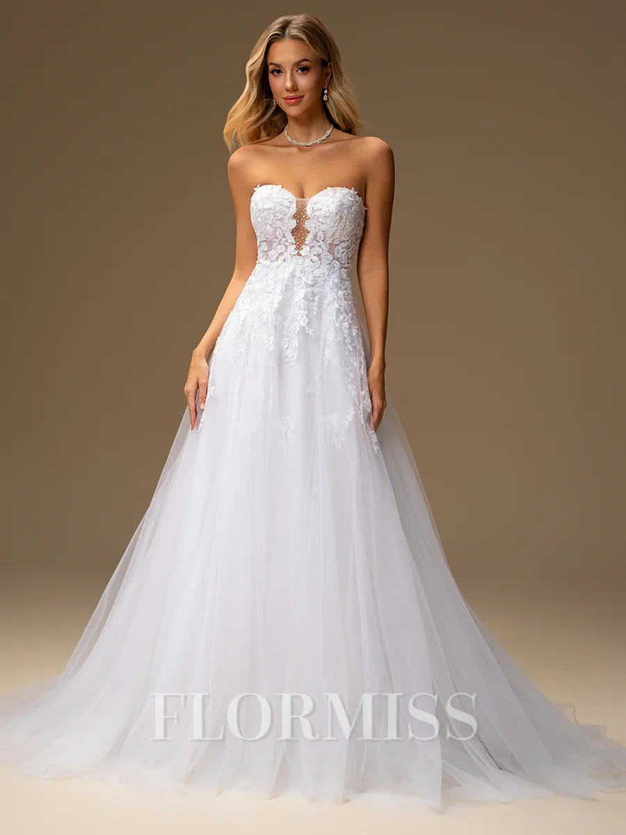 A-line Sweetheart Appliques Lace Court Train Tulle Wedding Dress