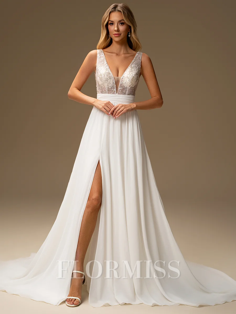 A-line V-neck Sequin Court Train 30D Chiffon Wedding Dress