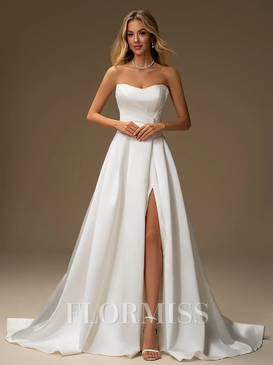 A-line Straight Pleated Court Train Satin Wedding Dress
