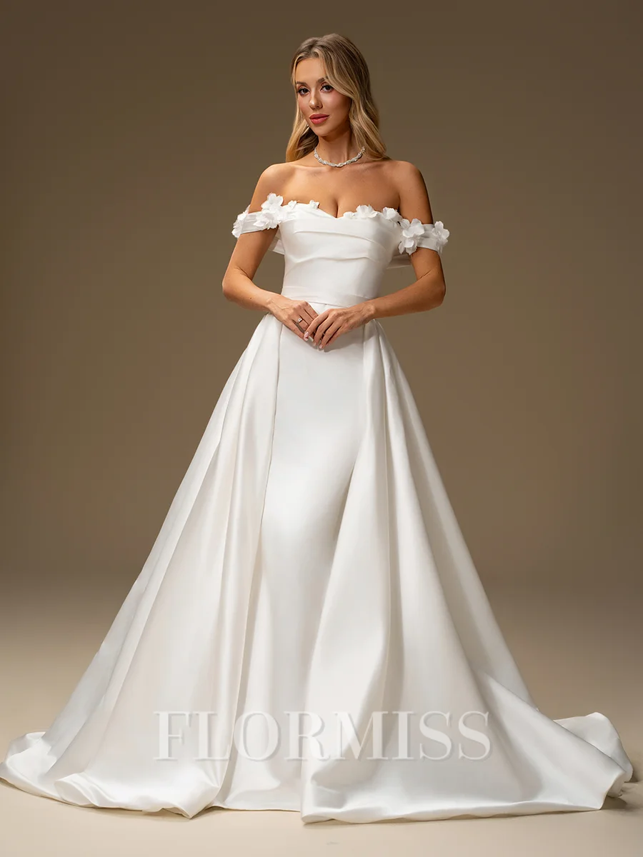 Sheath Off-the-Shoulder Flower Court Train Satin Convertible Wedding Dress