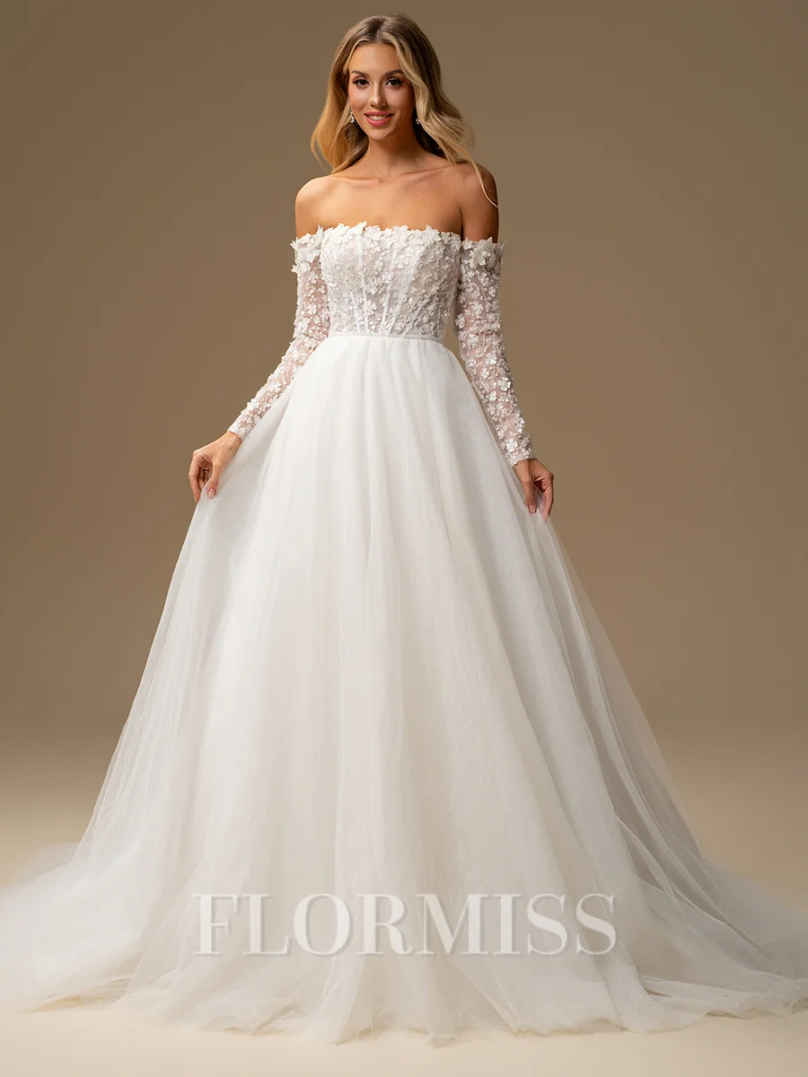 A-line Off-the-Shoulder Long Sleeves Appliques Lace Chapel Train Tulle Corset Wedding Dress