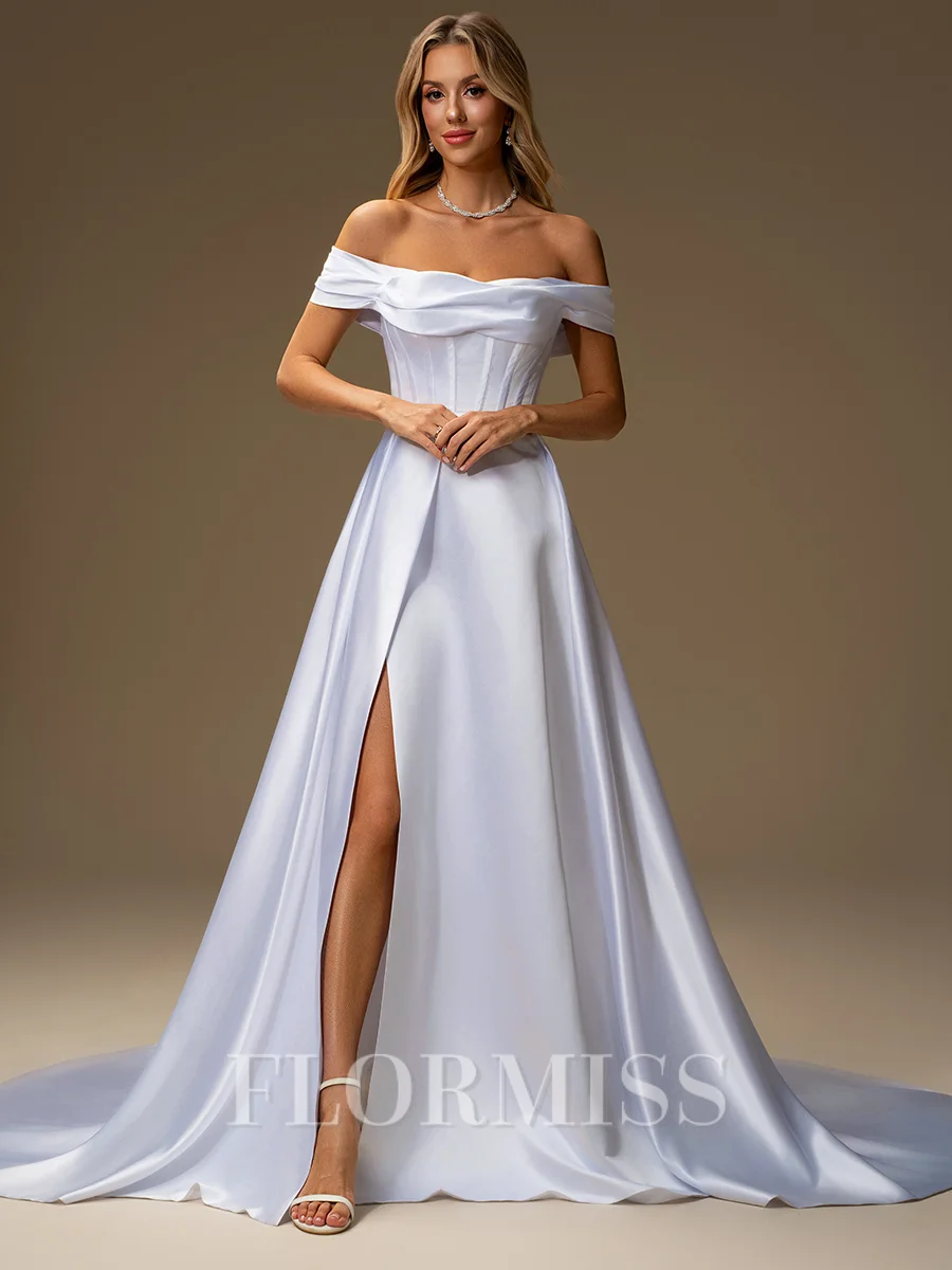 A-line Off-the-Shoulder Pleated Chapel Train Satin Corset Wedding Dress