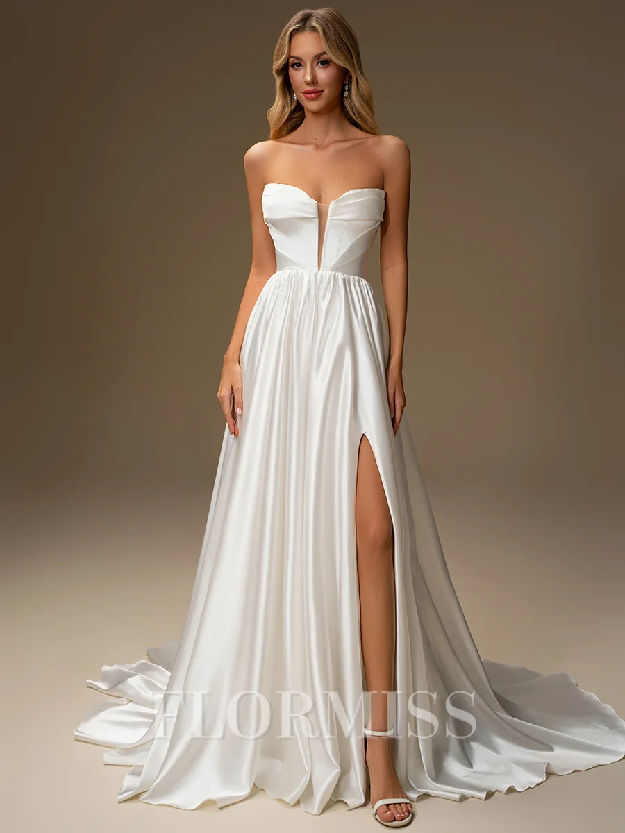 A-line Straight Pleated Court Train Corset Wedding Dress