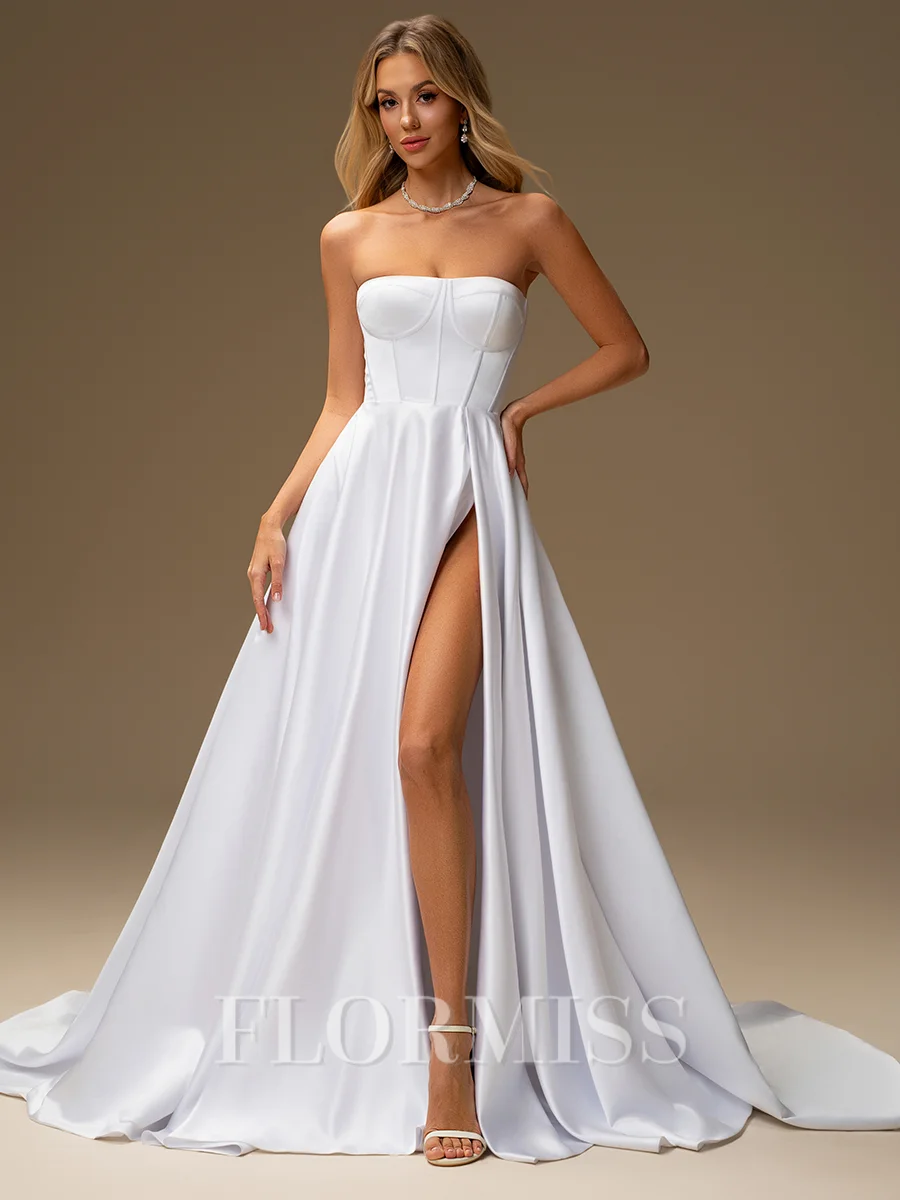 A-line Straight Chapel Train Satin Corset Wedding Dress