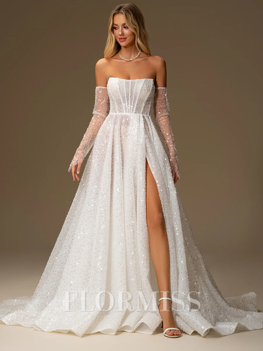 A-line Straight Long Sleeves Chapel Train Corset Wedding Dress