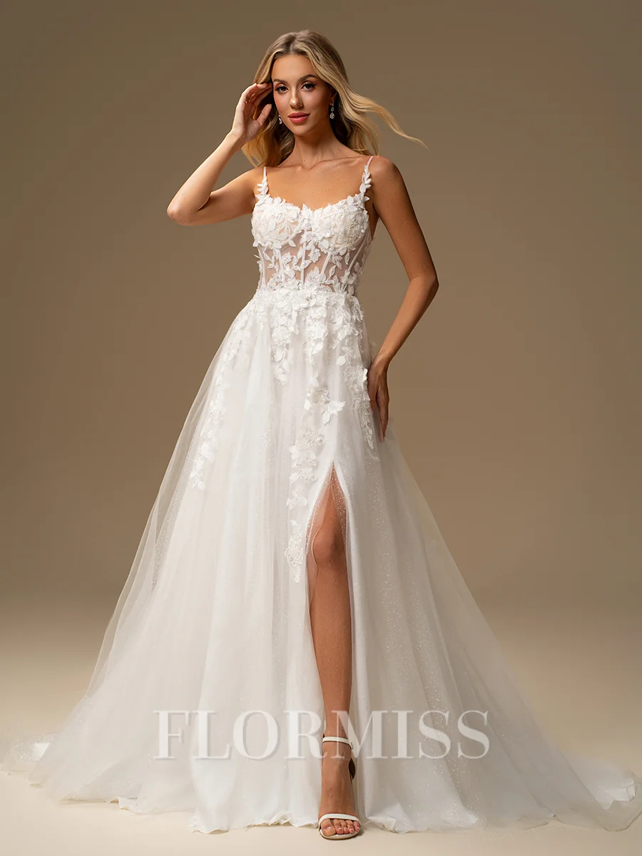 A-line Spaghetti Straps Appliques Lace Court Train Tulle Corset Wedding Dress