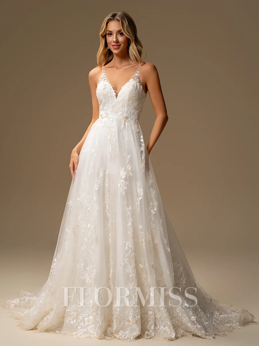 A-line V-neck Appliques Lace Chapel Train Tulle Wedding Dress