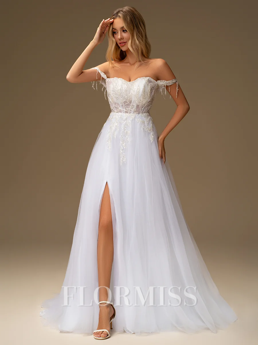 A-line Off-the-Shoulder Appliques Lace Court Train Tulle Corset Wedding Dress