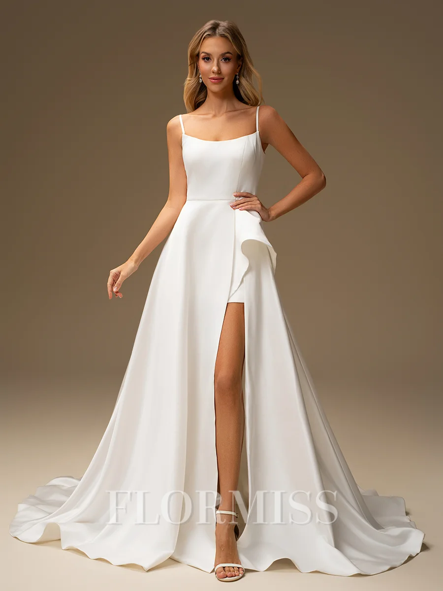 A-line Spaghetti Straps Chapel Train Satin Wedding Dress