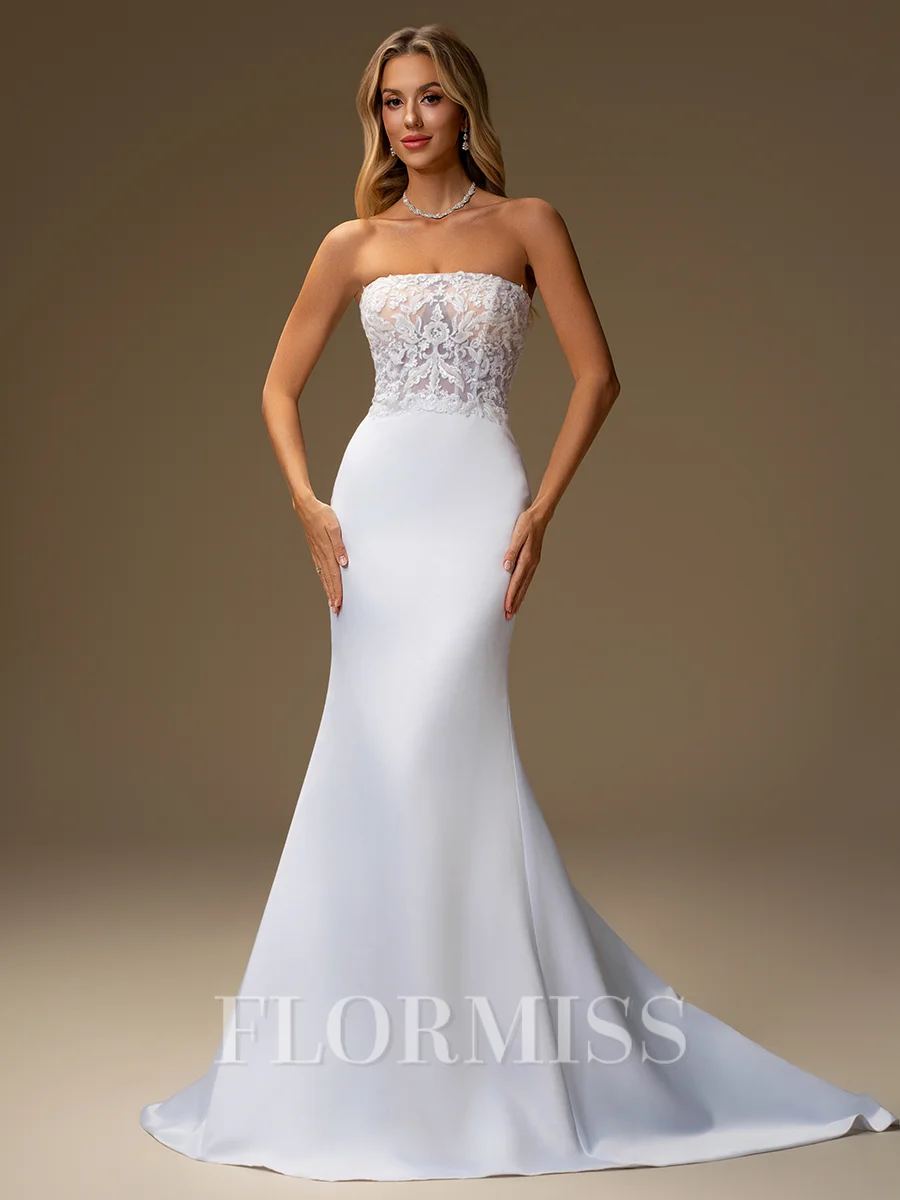 Sheath Straight Appliques Lace Sweep Train Satin Wedding Dress