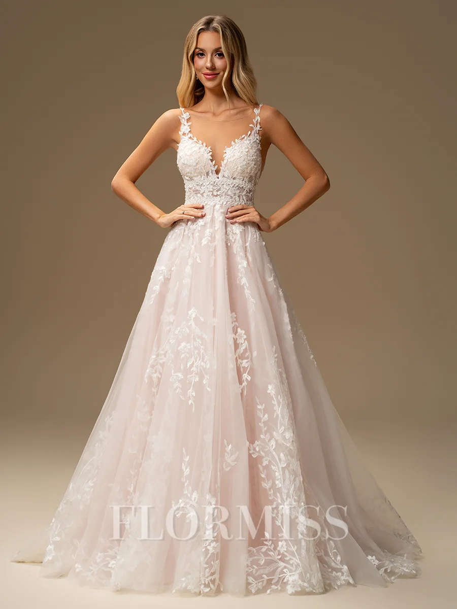 A-line Scoop Appliques Lace Sweep Train Tulle Wedding Dress