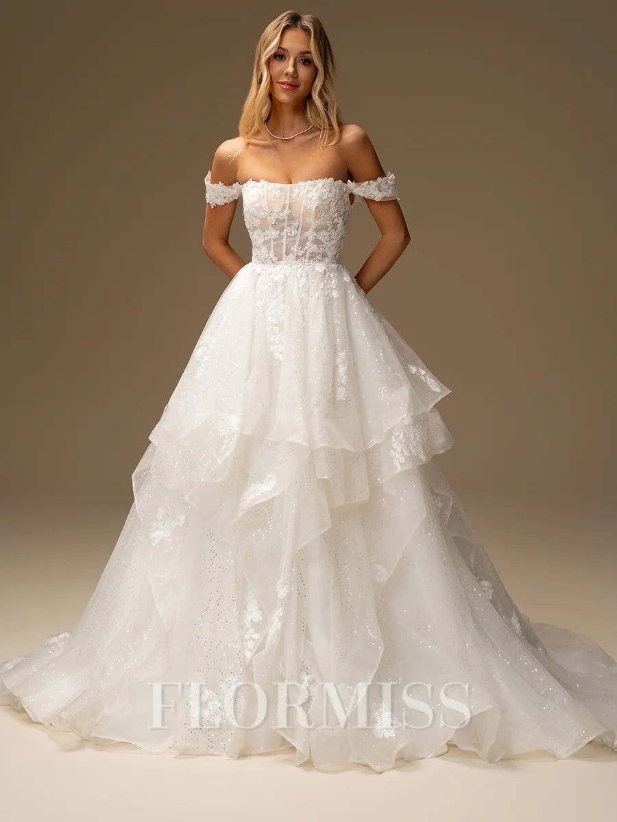 A-line Off-the-Shoulder Appliques Lace Court Train Tulle Corset Wedding Dress